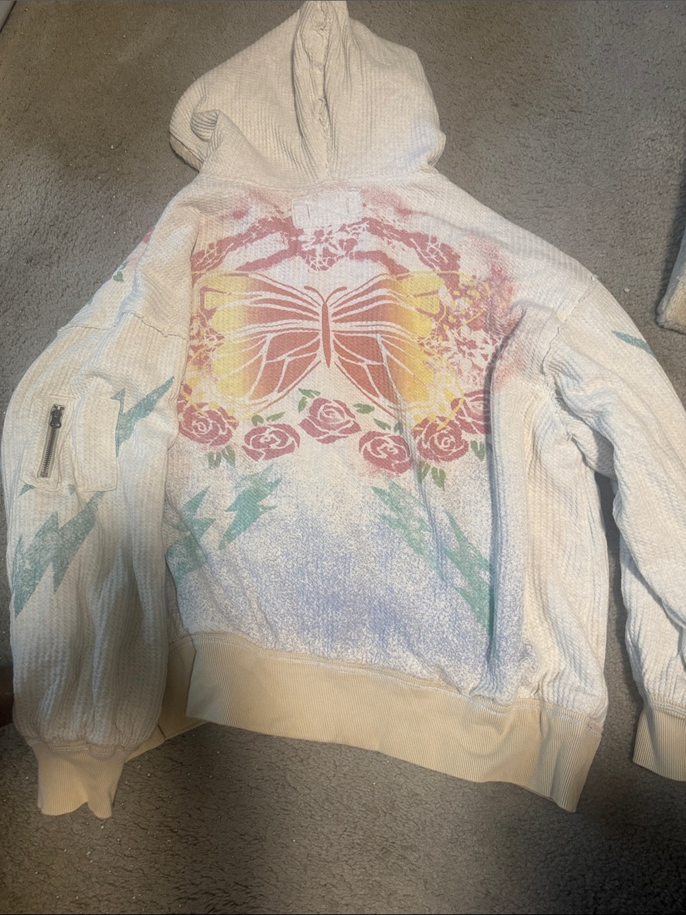 We The Free Cream Hoodie with Pink butterfly roses Detail Sz M oversized